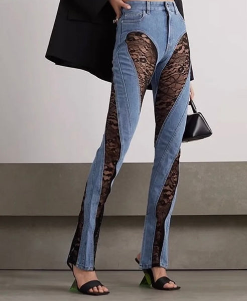 Women Lace Patchwork Denim Fashion Pants