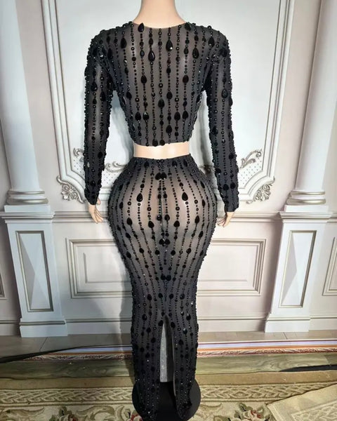 Women Sexy Black Beaded Mesh Full Sleeve Crop Two Piece Maxi Skirt Set