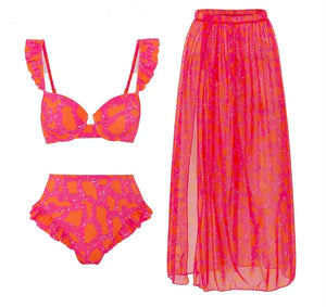 Women Fashion Pink Printed Ruffled Bikini Cover Up Set