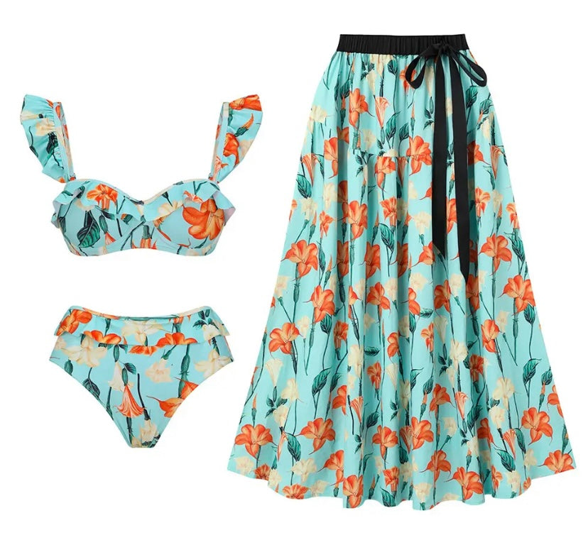 Women Ruffled Sexy Floral Bikini Cover Up Set