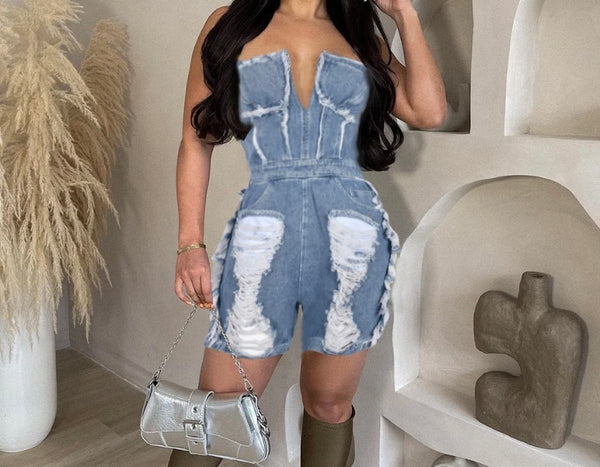 Women Sexy Strapless Ripped Denim Romper
