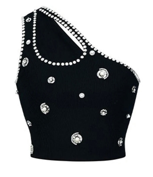 Women One Shoulder Rhinestone Patchwork Crop Top