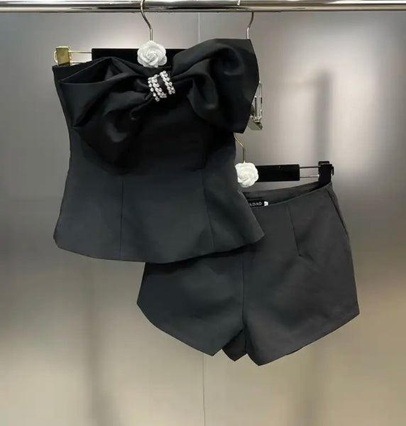 Women Fashion Black Rhinestone Bow Strapless Two Piece Short Set