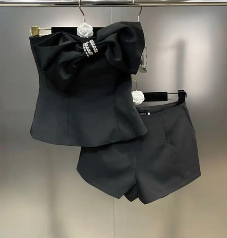 Women Fashion Black Rhinestone Bow Strapless Two Piece Short Set