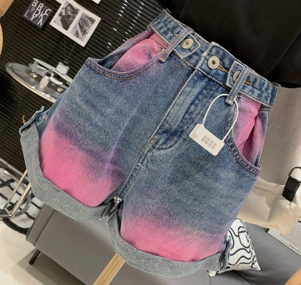 Women Fashion Pink Patchwork Denim Shorts