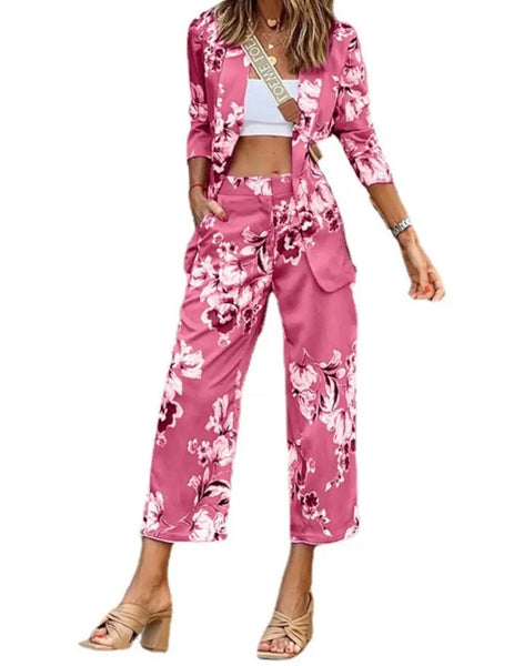 Women Fashion Floral Blazer Two Piece Pant Set