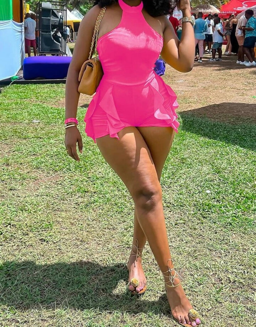 Women Sexy Sleeveless Ruffled Solid Color Romper