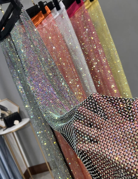 Women Fashion Rhinestone Mesh Pants