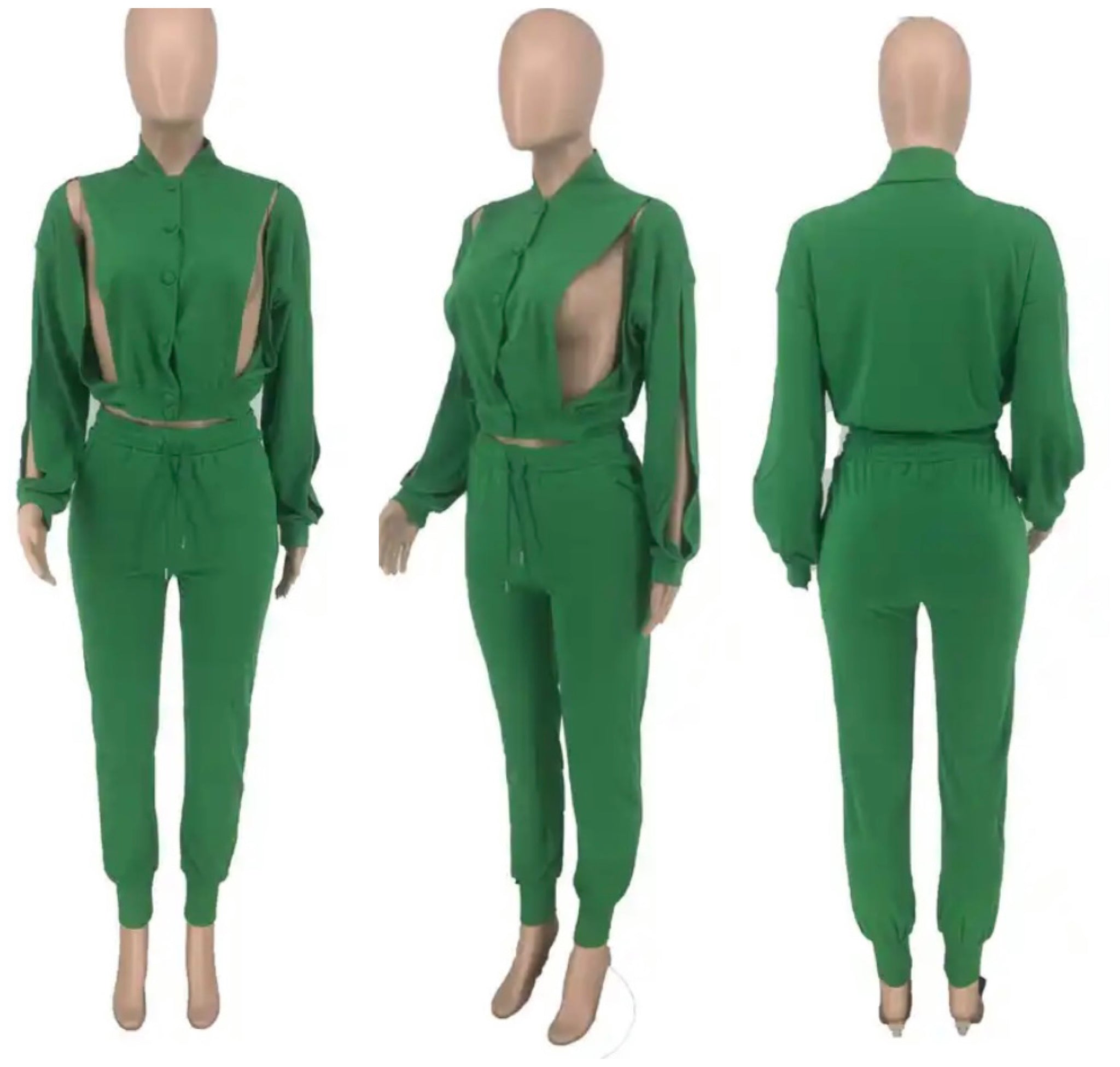 Women Fashion Green Cut Out Two Piece Tracksuit Pant Set