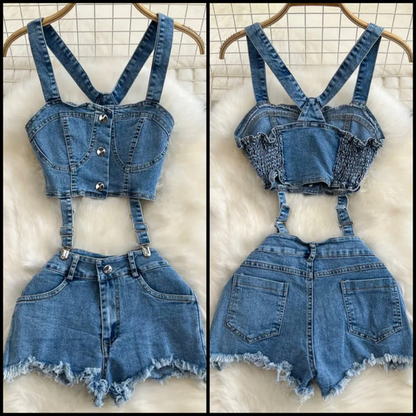 Women Fashion Cut Out Sleeveless Denim Romper
