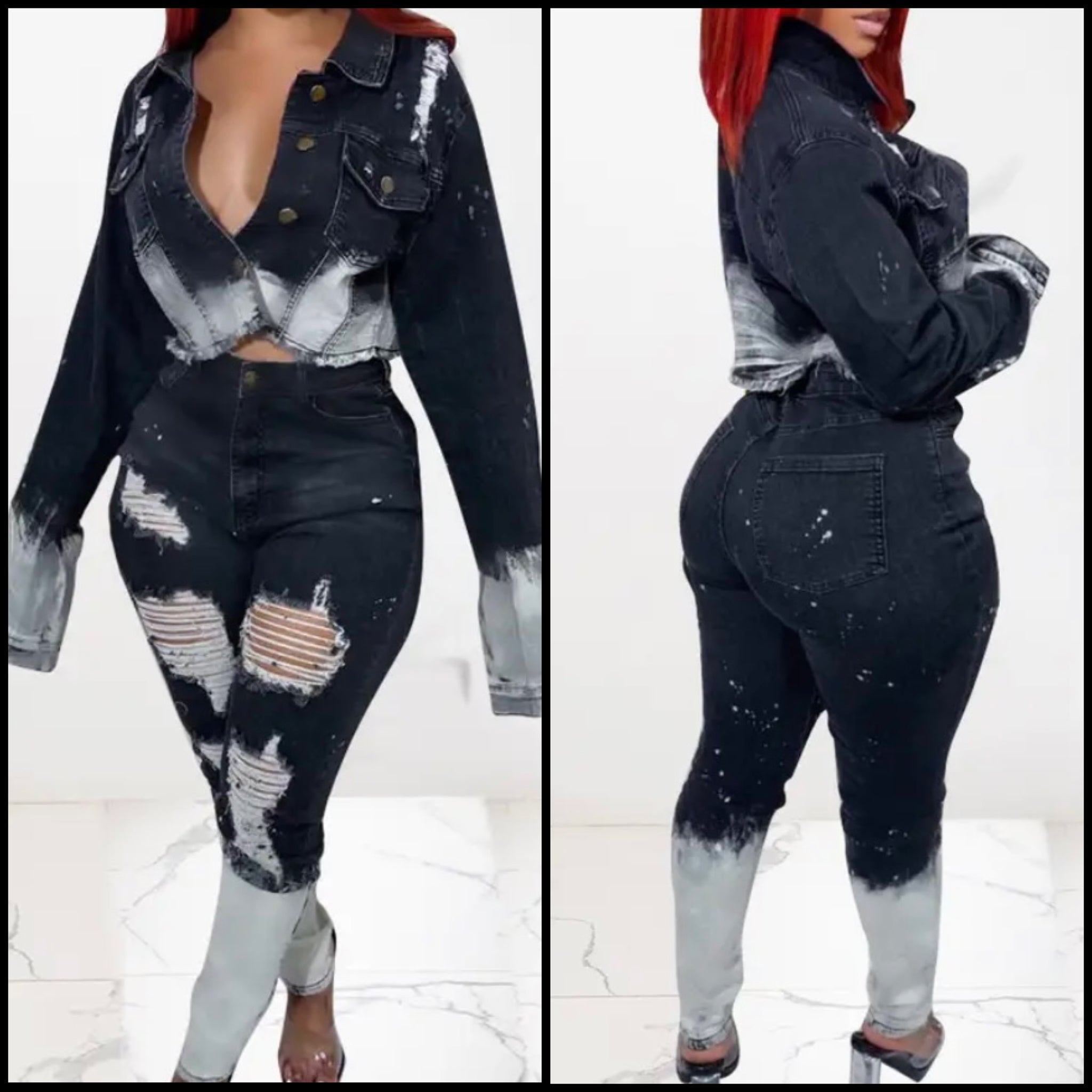 Women Fashion Color Patchwork Ripped Denim Two Piece Jacket Pant Set