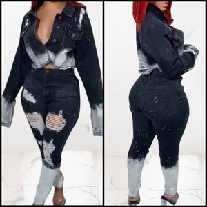 Women Fashion Color Patchwork Ripped Denim Two Piece Jacket Pant Set