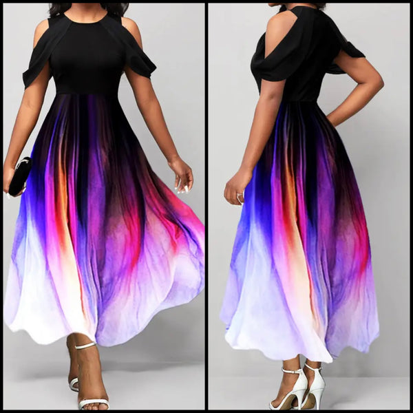 Women Sexy Short Sleeve Colorful Maxi Dress