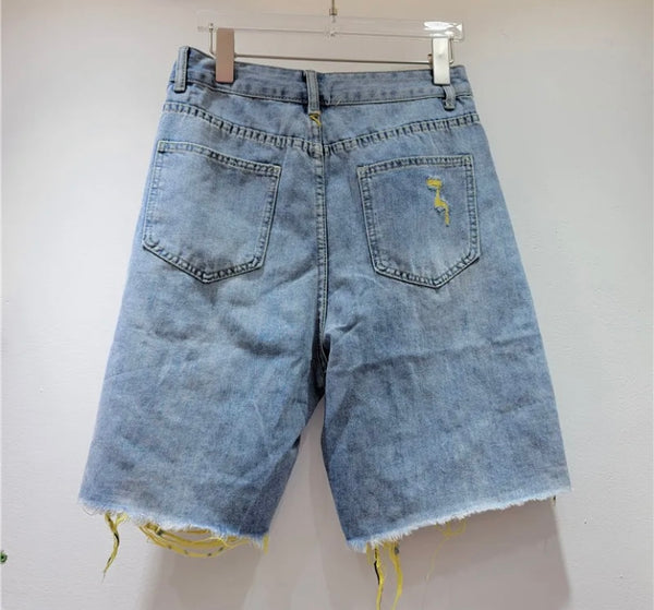 Women Color Ripped Rhinestone Gem Denim Shorts