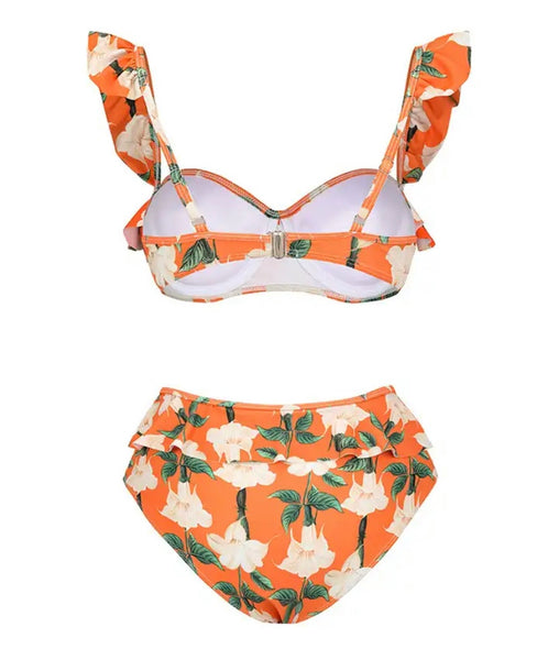 Women Sexy Orange Floral Ruffled Bikini Mesh Cover Up Set