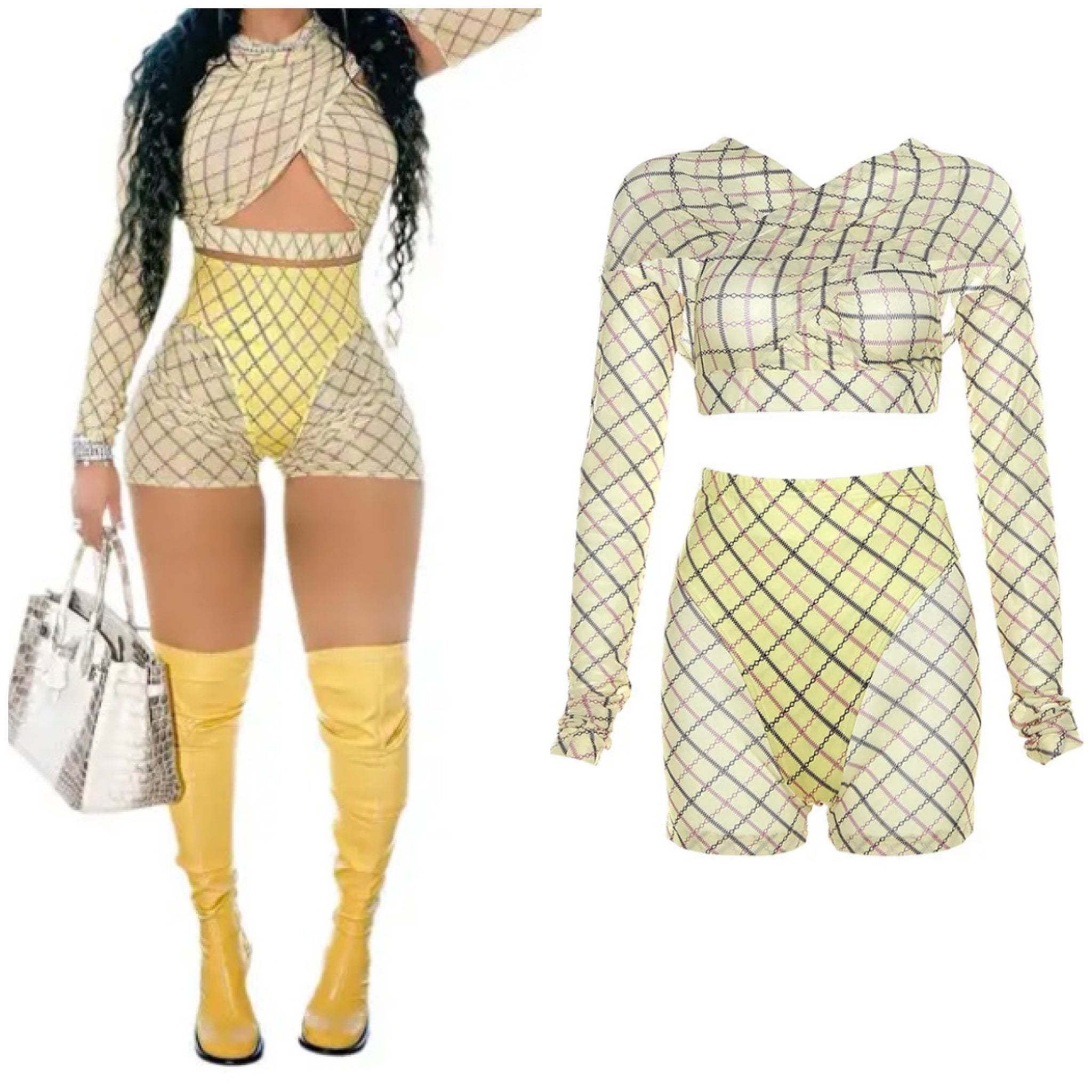 Women Yellow Printed Fashion Full Sleeve Mesh Two Piece Short Set