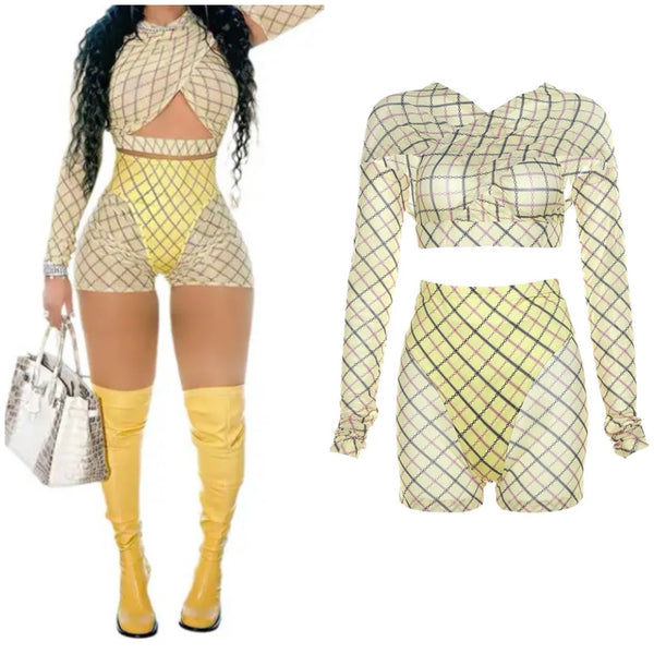 Women Yellow Printed Fashion Full Sleeve Mesh Two Piece Short Set