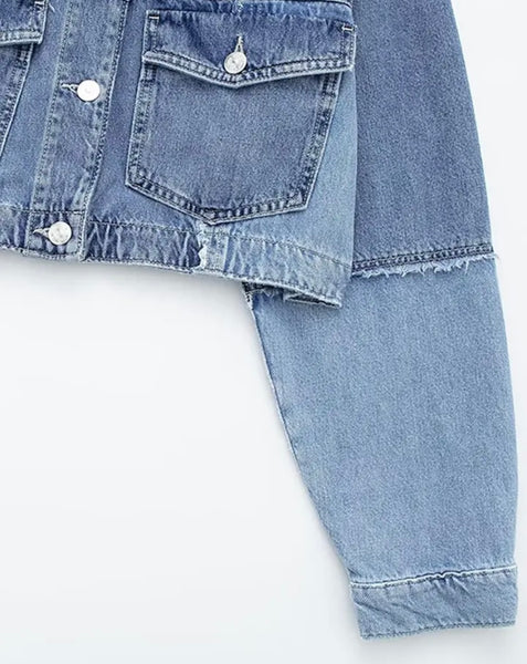 Women Fashion Color Patchwork Denim Two Piece Jacket Pant Set