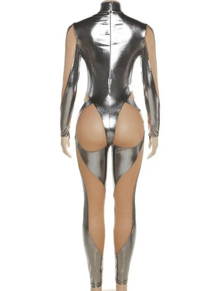 Women Sexy Silver PU Mesh Patchwork Full Sleeve Jumpsuit