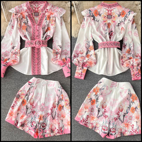 Women Button Up Full Sleeve Floral Two Piece Short Set