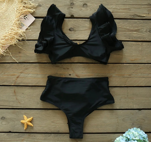 Women Sexy Black Ruffled Sleeve Bikini Cover Up Set