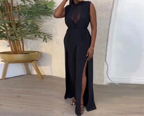 Women Black Sexy Sleeveless Mesh Patchwork Jumpsuit