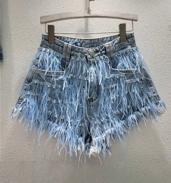 Women Rhinestone Feather Fashion Denim Shorts