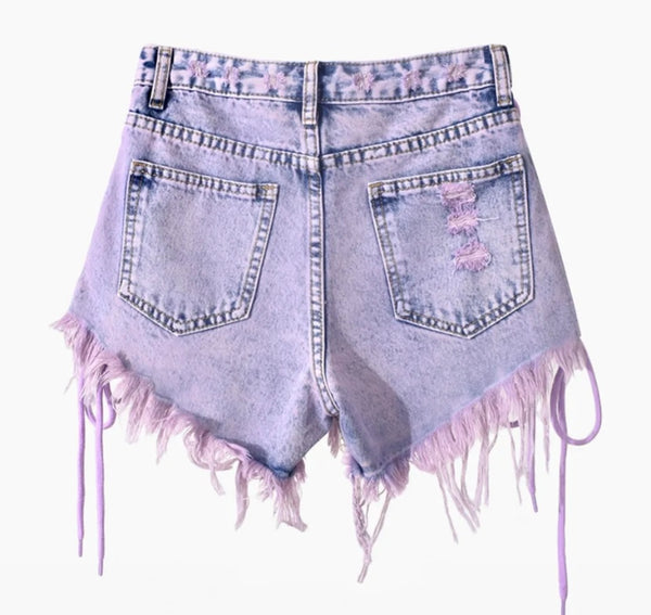 Women Purple Lace Up Fringe Fashion Denim Shorts