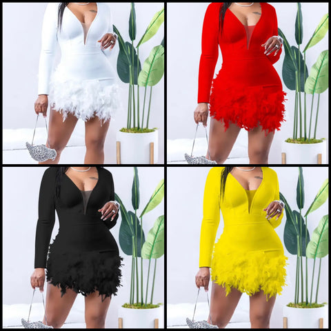 Women Solid Color Full Sleeve Feather Sexy Dress