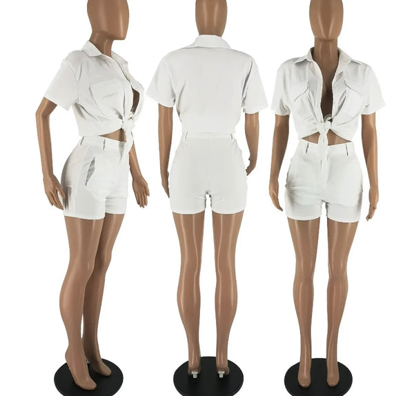 Women Short Sleeve Button Up Fashion Two Piece Short Set