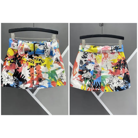 Women Multicolored Print Fashion Denim Skirt