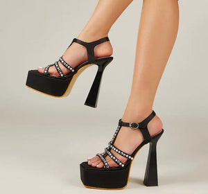 Women Square Toe Platform Rhinestone Ankle Strap Sandals