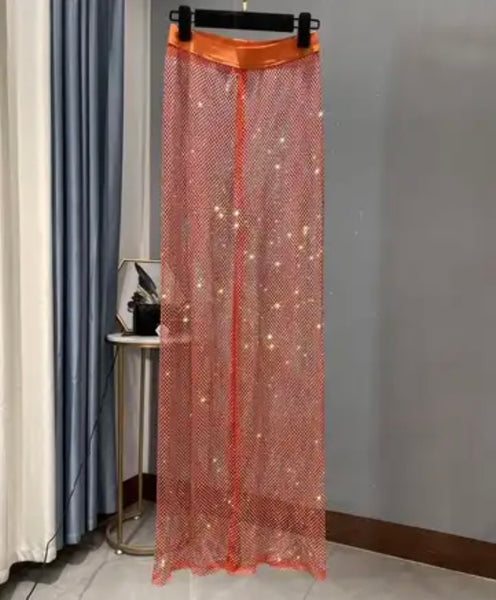 Women Fashion Rhinestone Mesh Pants