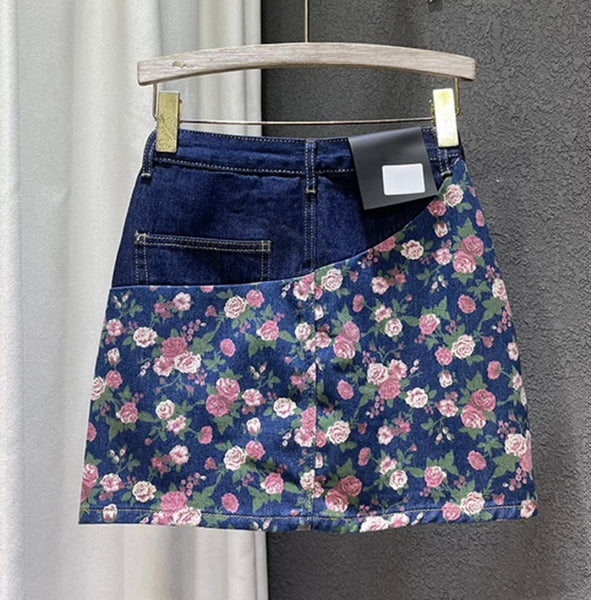 Women Floral Fashion Denim Skirt