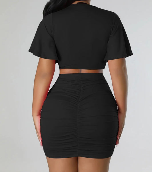 Women Ruche Sexy Short Sleeve Crop Two Piece Skirt Set