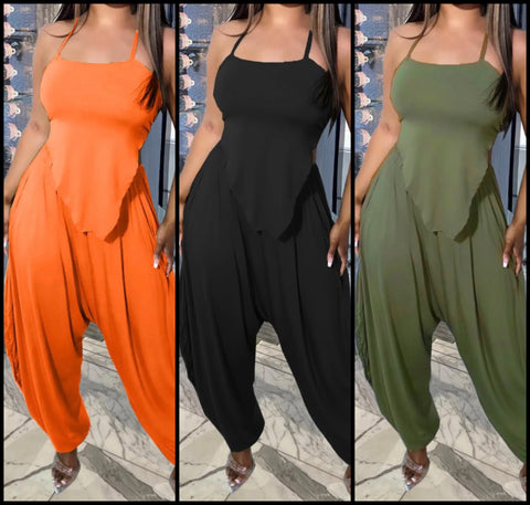 Women Fashion Solid Color Sleeveless Two Piece Pant Set