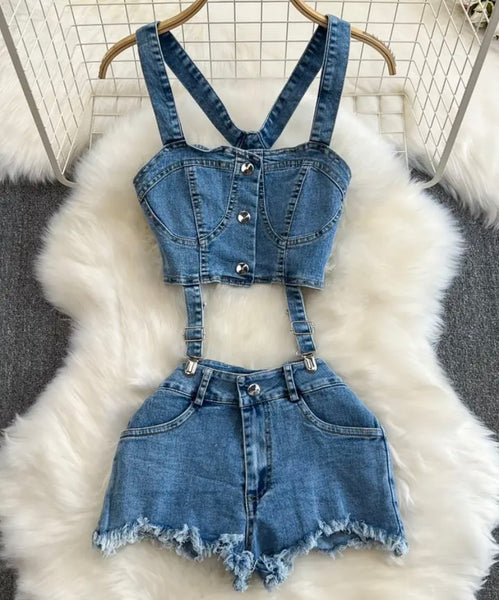 Women Fashion Cut Out Sleeveless Denim Romper