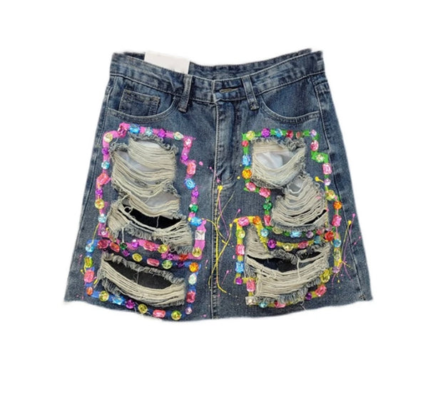 Women Fashion Ripped Gem Denim Skirt