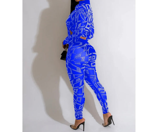 Women Full Sleeve Bling Mesh Button Up Two Piece Pant Set