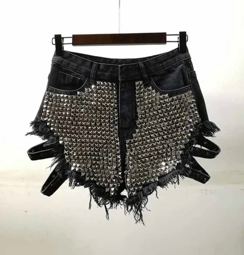 Women Rivet Fashion Ripped Denim Mini Shorts