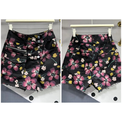 Women Fashion Floral Zipper Pocket Denim Wrap Shorts