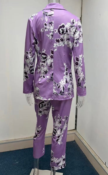 Women Fashion Floral Blazer Two Piece Pant Set