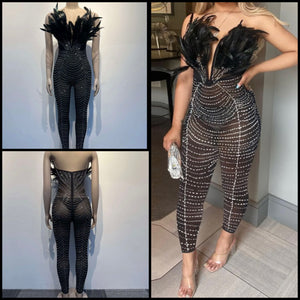 Women Sexy Black Feather Bling Mesh Jumpsuit