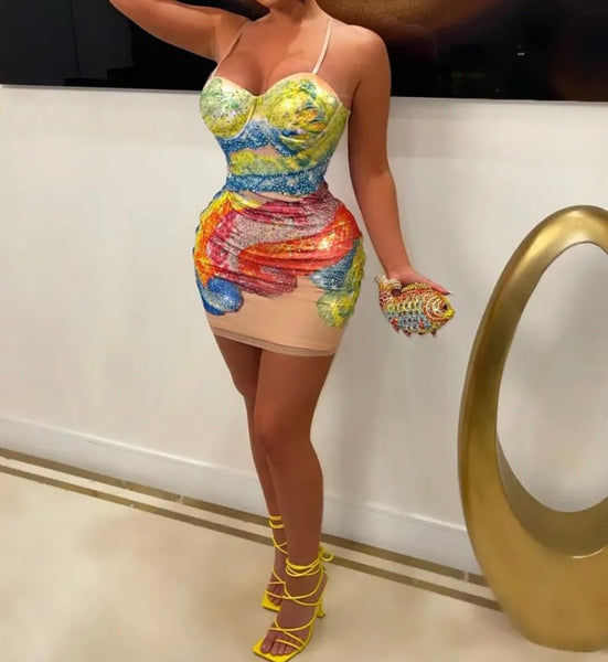 Women Sexy Sleeveless Colorful Print Bling Dress