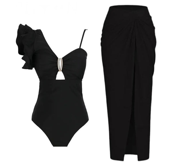 Women Ruffled Shoulder Sexy Black Swimsuit Cover Up Set