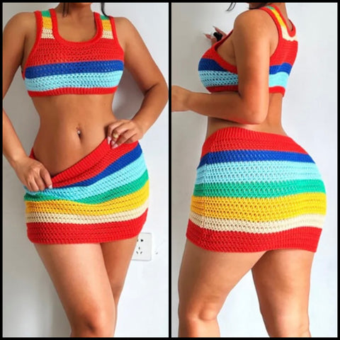 Women Sexy Sleeveless Colorful Striped Two Piece Knitted Skirt Set