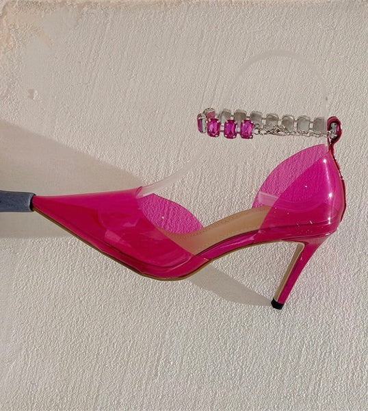 Women Pointed Toe Transparent Rhinestone Ankle Strap High Heels