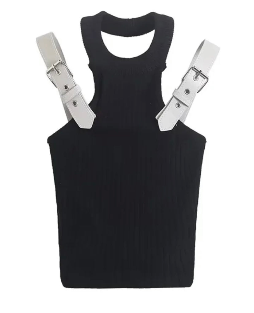 Women Halter Buckled Strap Fashion Ribbed Crop Top