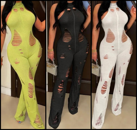 Women Ripped Halter Sexy Sleeveless Knitted Jumpsuit