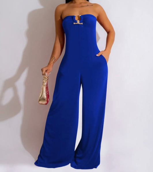 Women Sexy Metal Strapless Wide Leg Jumpsuit